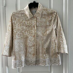 Drapers & Damons Womens Petites Beige Floral Print Jacket 3/4 Sleeve Button-Up 1